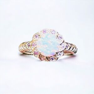 NEW White Fire Opal & Silver Tone Flower Ring Size 7 Rhinesstones